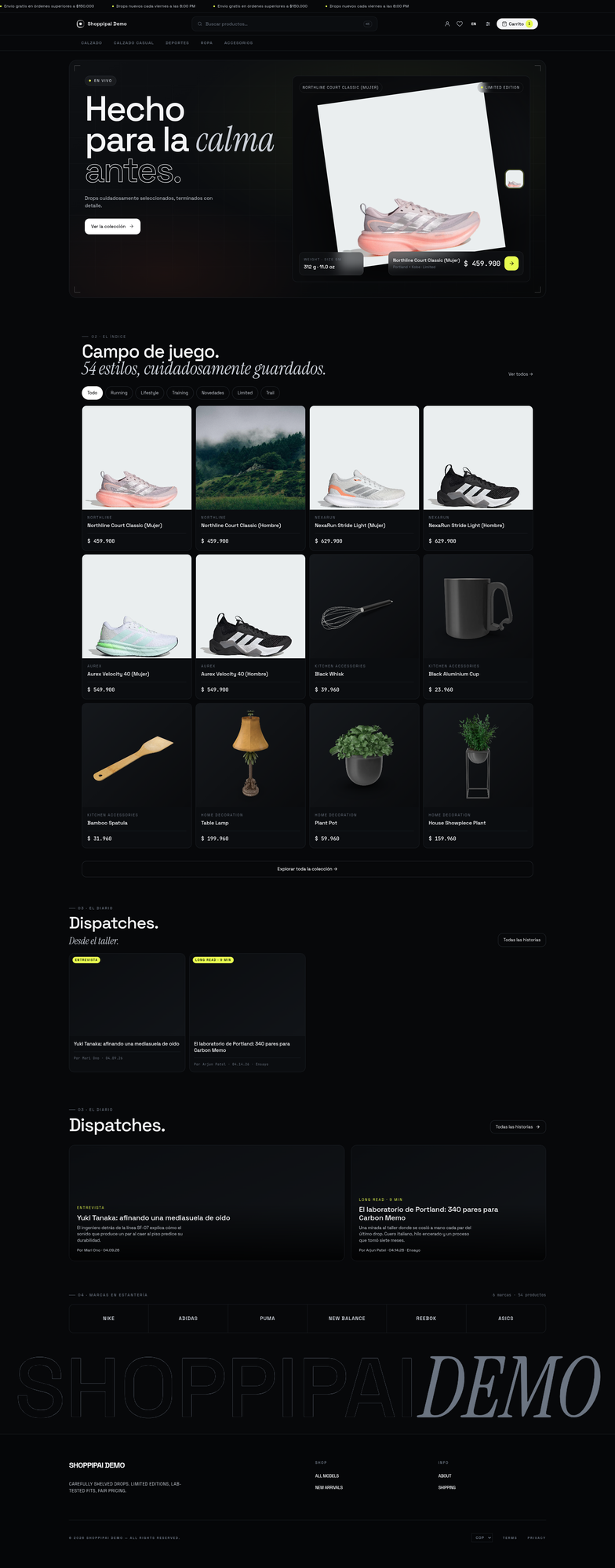 Captura del storefront de Shoppipai mostrando el banner 'Hecho para la calma antes', un producto destacado (Northline Court Classic) y la galería 'Campo de juego' con productos del catálogo.